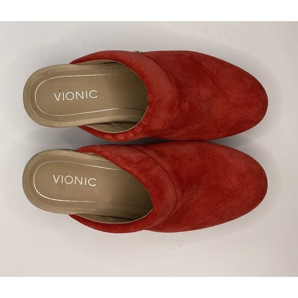 Vionic Womens Kacie Slip On Mules Clogs Sz 6 Red Suede Leather Wood Heel EUC - Picture 3 of 8